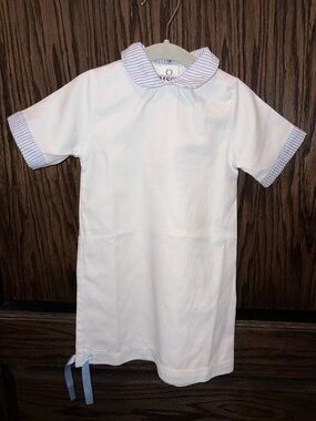 Classic White Baby Dress with Blue Stripe Trim
